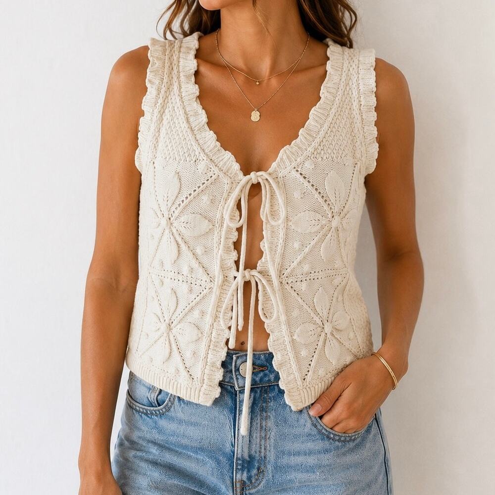 Willow & Wind Knit Tie Front Sweater Vest Cream  Boho Cottagecore festival  S